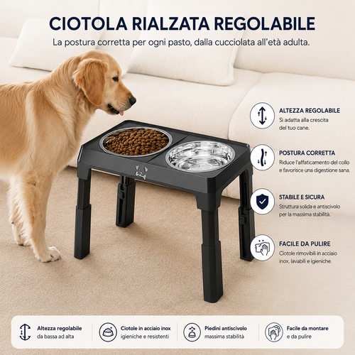 Tavolino pappa regolabile NÒBILE — 5 altezze, acciaio inox, cane che mangia